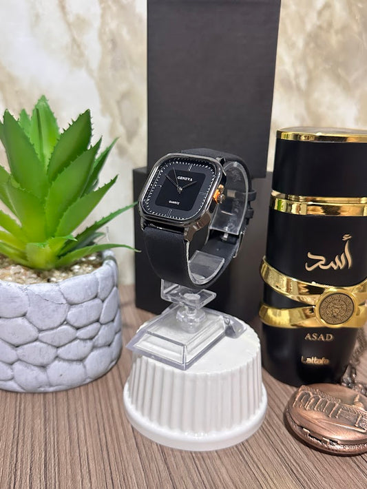 Reloj Cuadrado Negro Manilla en Cuero Negro Variados