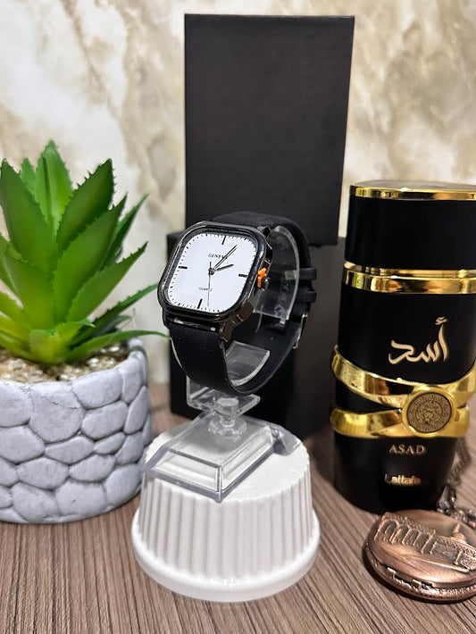 Reloj Cuadrado Blanco Manilla en cuero Negro Variados