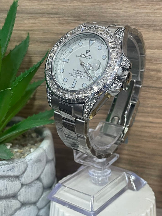 RELOJ ROLEX PLATEADO ESFERA BLANCA LINDOS DETALLES EN PIEDRAS