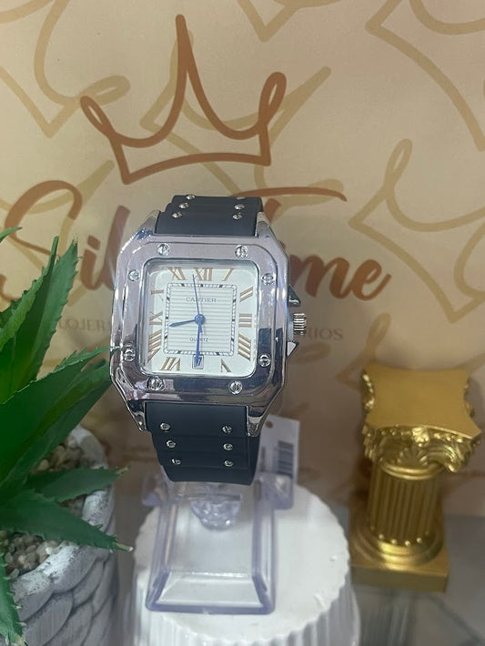 RELOJ CARTIER PLATEADO MANILLA NEGRA