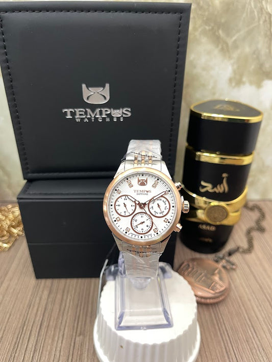 RELOJ TEMPUS BICOLOR PLATEADO CON ROSAPALIDO