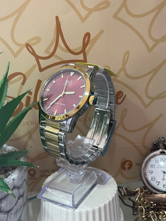 RELOJ QYQ CABALLERO ELEGANTE BICOLOR Y ROJO