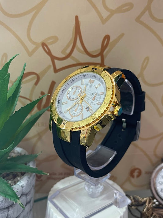 RELOJ TECNOMARIN NEGRO Y DORADO MANILLA SILICONA