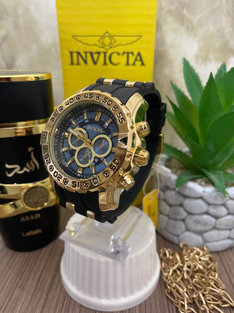 INVICTA MANILLA SILICONA NEGRA ESFERA AZUL ARO DORADO