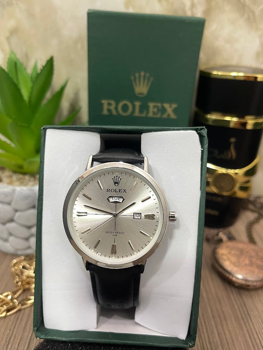 Rolex Plateado Manilla en Cuero Negro