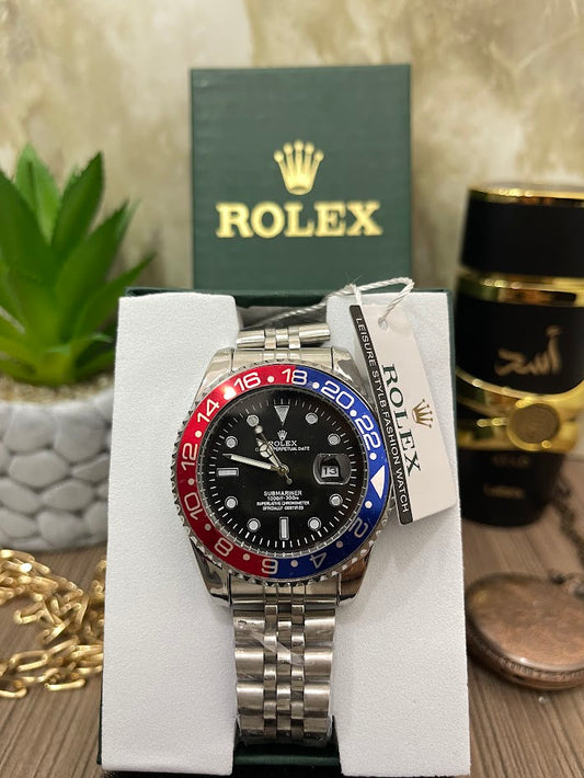 ROLEX METALICO PLATEADO ESFERA NEGRA ARO COMBINADO AZULROJO