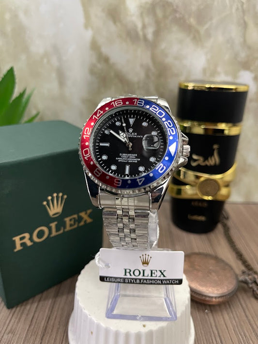 ROLEX METALICO PLATEADO ARO AZUL ROJO