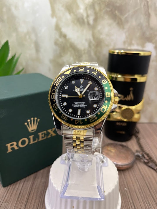 ROLEX BICOLOR METALICO ESFERA NEGRA ARO COMBINADO VERDENEGRO D