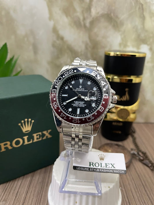 ROLEX METALICO PLATEADO ESFERA NEGRA ARO COMBINADO NEGRA ROJA
