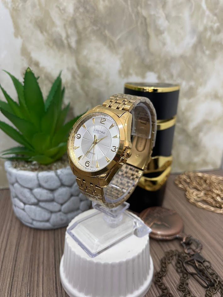 RELOJ LIMITED CABALLERO DORADO ESFERA PLATEADA CON DISEÑO