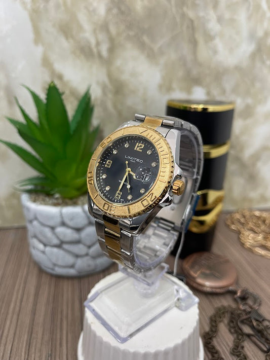 RELOJ LIMITED CABALLERO BICOLOR ESFERA NEGRA ARO NEGRO CALENDARIO