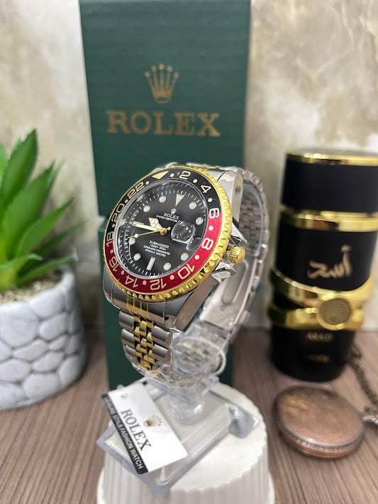 ROLEX BICOLOR METALICO ESFERA NEGRA ARO DORADO COMBINADO NEGROROJA