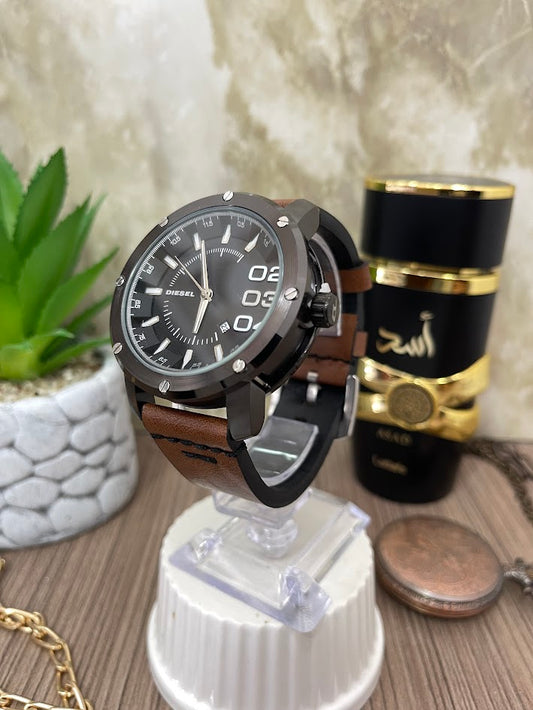 DIESEL METALICO ESFERA NEGRA MANILLA CAFE EN CUERO