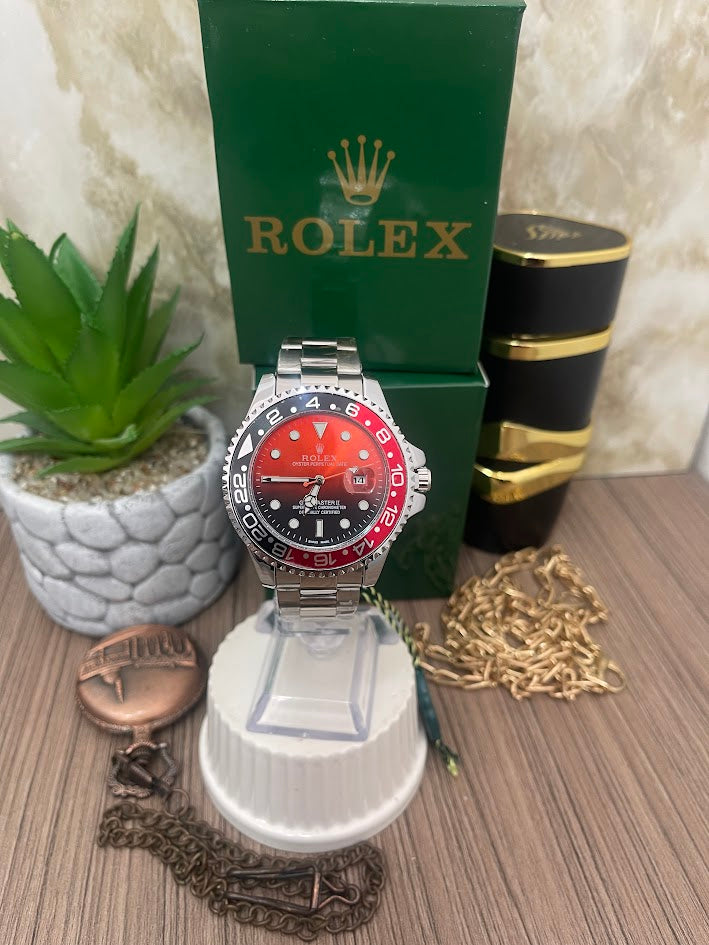 RELOJ ROLEX CABALLERO PLATEADO ESFERA ROJA Y NEGRO