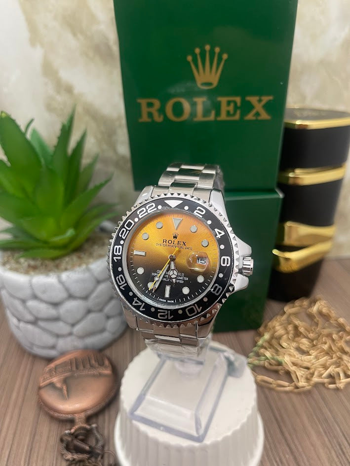 RELOJ ROLEX CABALLERO PLATEADO ESFERA CAFE Y NEGRO