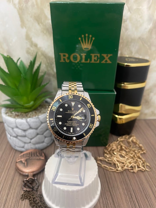 RELOJ ROLEX CABALLERO BICOLOR ESFERA NEGRA ARO NEGRO MANILLA TRENZADA