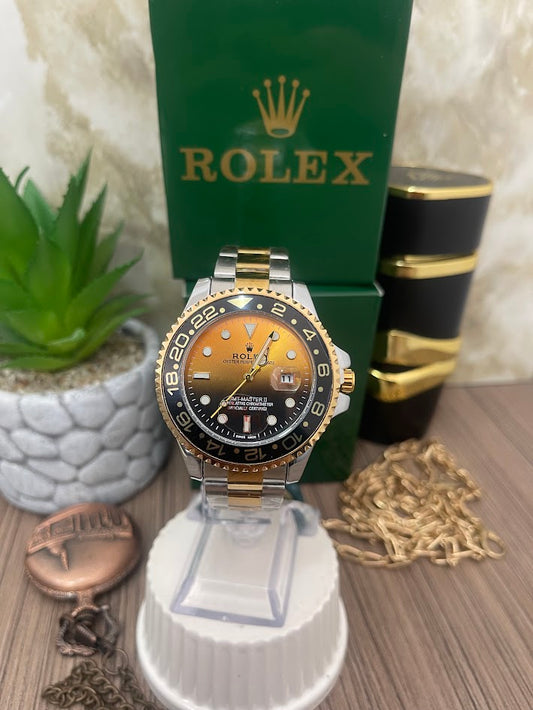 RELOJ ROLEX CABALLERO BICOLOR ESFERA CAFE Y NEGRO ARO NEGRO