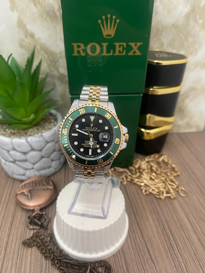 ROLEX CABALLERO BICOLOR ESFERA NEGRA ARO VERDE MANILLA TRENZADA