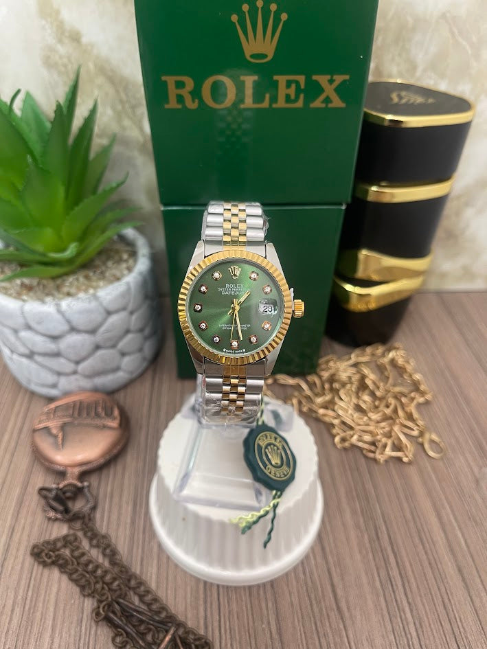 ROLEX DAMA BICOLOR ESFERA VERDE MANILLA TRENZADA