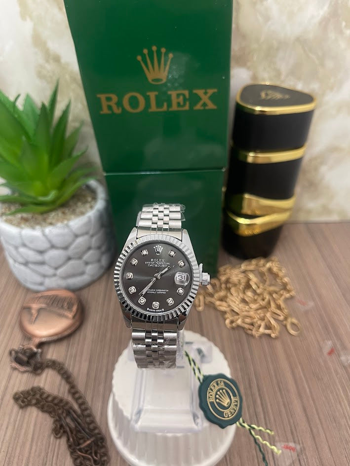 RELOJ ROLEX DAMA PLATEADO MANILA TRENZADA ESFERA NEGRA