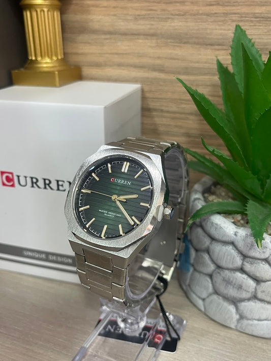 RELOJ CURREN PLATEADO FONDO VERDE