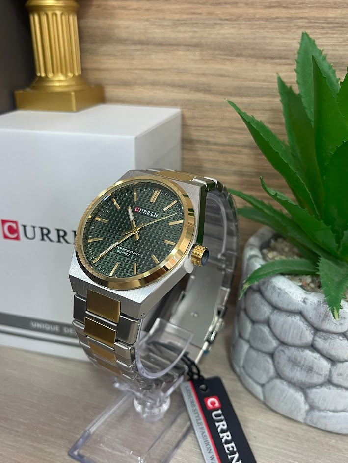 RELOJ CURREN REDONDO BICOLOR FONDO VERDE ARO DORADO