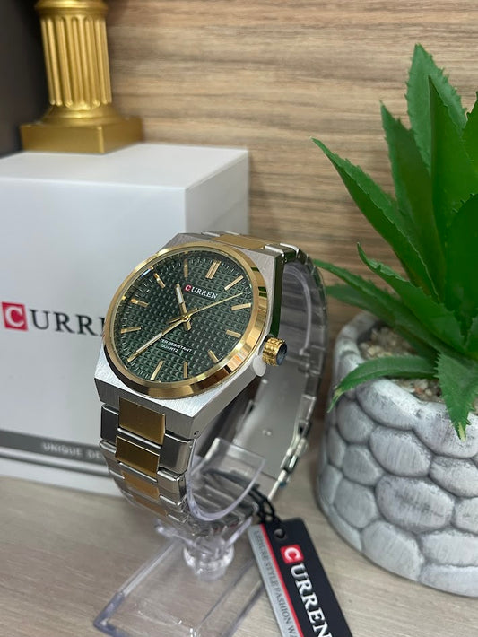 RELOJ CURREN REDONDO BICOLOR FONDO VERDE ARO DORADO