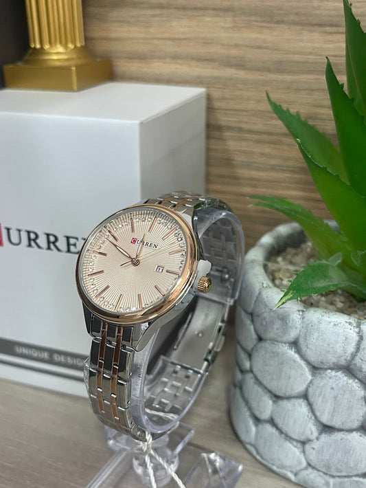 RELOJ CURREN DAMA BICOLOR DETALLES EN PIEDRA ARO ORO ROSA CON CALENDARIO