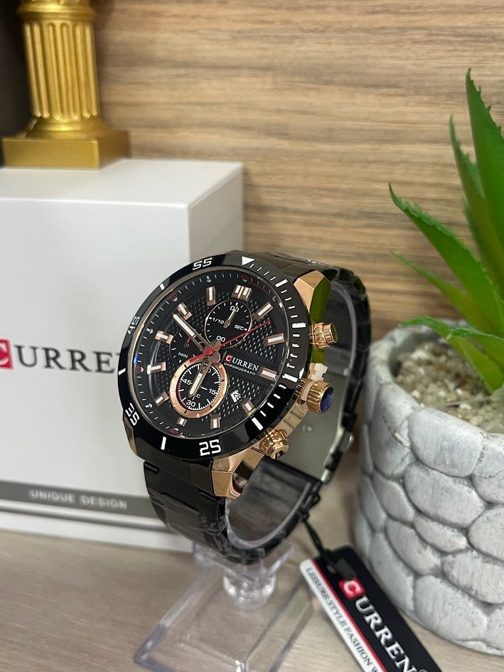 RELOJ CURREN NEGRO CAJA ORO ROSA CON CALENDARIO
