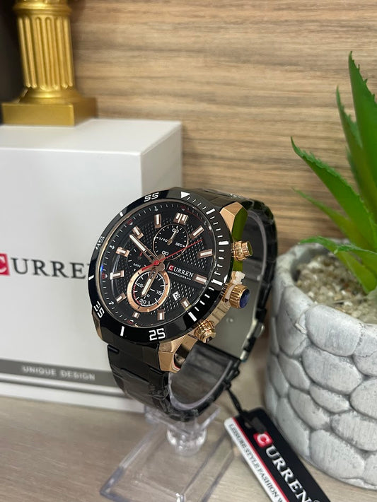RELOJ CURREN NEGRO CAJA ORO ROSA CON CALENDARIO