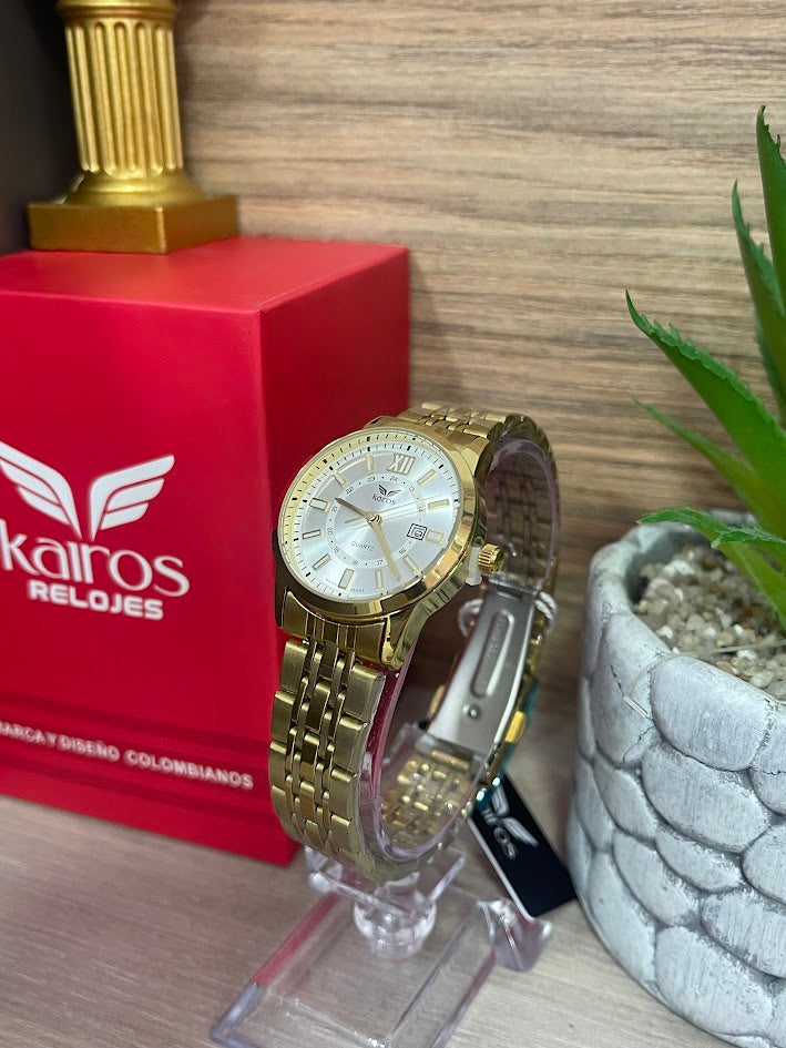 RELOJ KAIROS DAMA DORADO FONDO PLATEADO CON DETALLES Y CALENDARIO