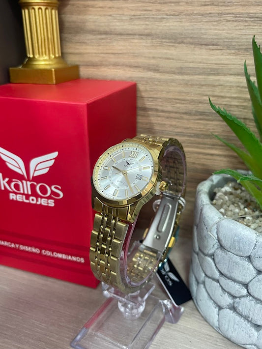 RELOJ KAIROS DAMA DORADO FONDO PLATEADO CON DETALLES Y CALENDARIO
