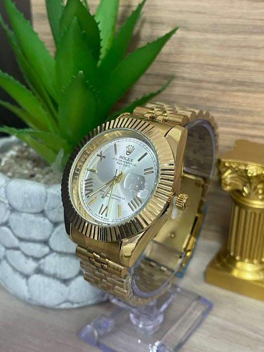 RELOJ ROLEX CABALLERO DORADO FONDO PLATEADO CON CALENDARIO