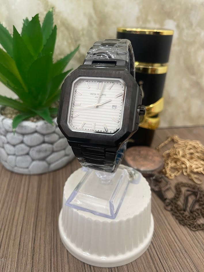RELOJ PATEK CABALLERO NEGRO FONDO BLANCO CON CELENDARIO