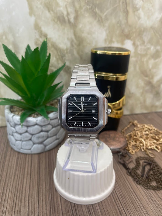 RELOJ PATEK CABALLERO PLATEADO FONDO NEGRO CALENDARIO