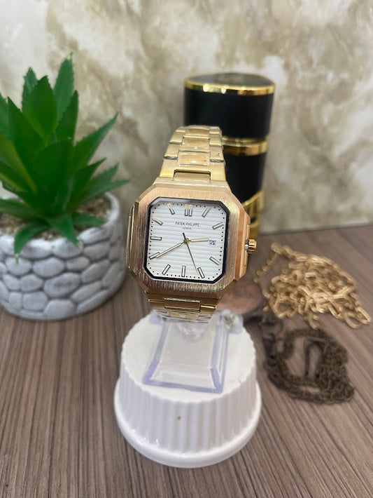 RELOJ PATEK CABALLERO DORADO FONDO BLANCO CALENDARIO