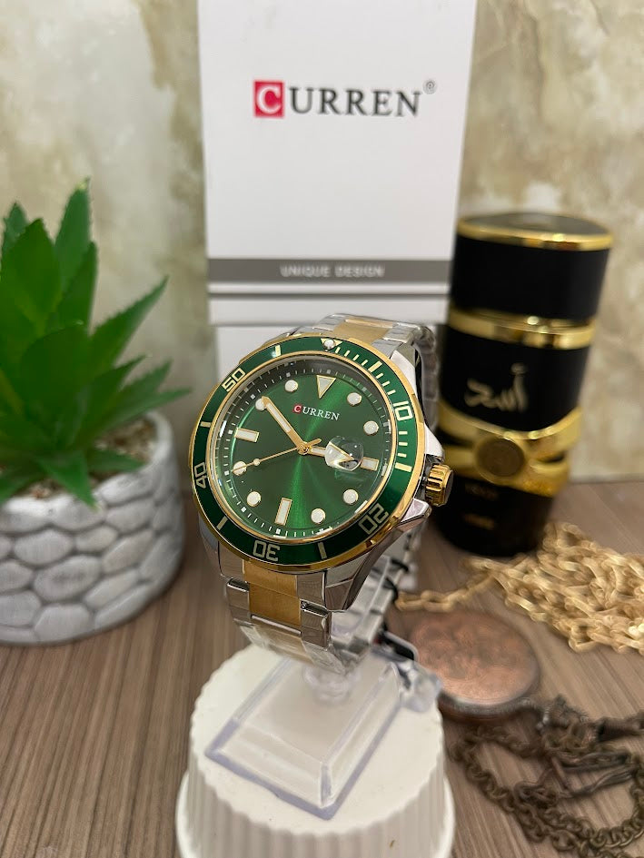 RELOJ CURREN CABALLERO BICOLOR ESFERA Y ARO VERDE