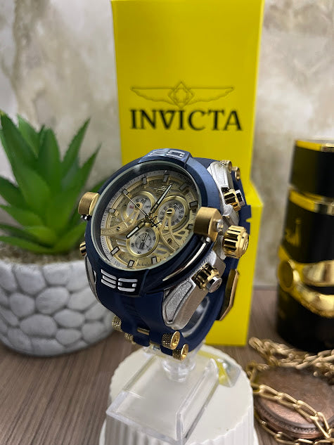 INVICTA AZUL ESFERA BLANCA DORADA CAJA METALICA