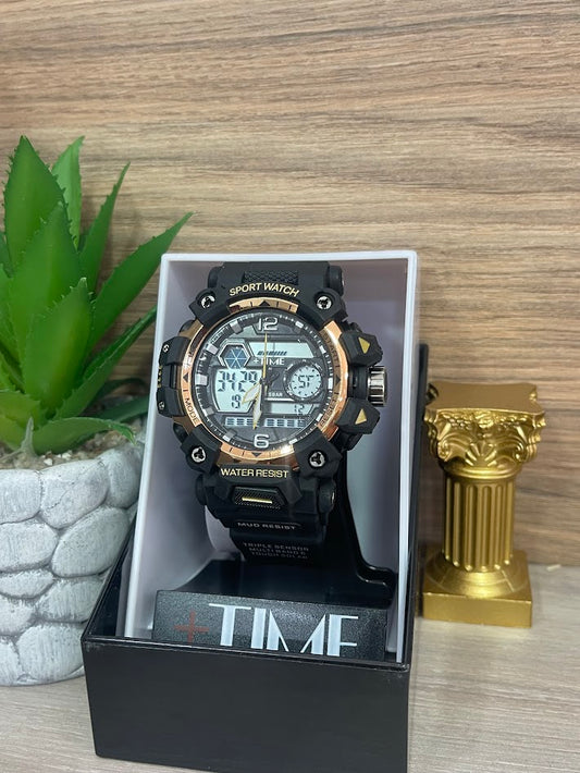 RELOJ DIGITAL TIME NEGRO Y ORO ROSA