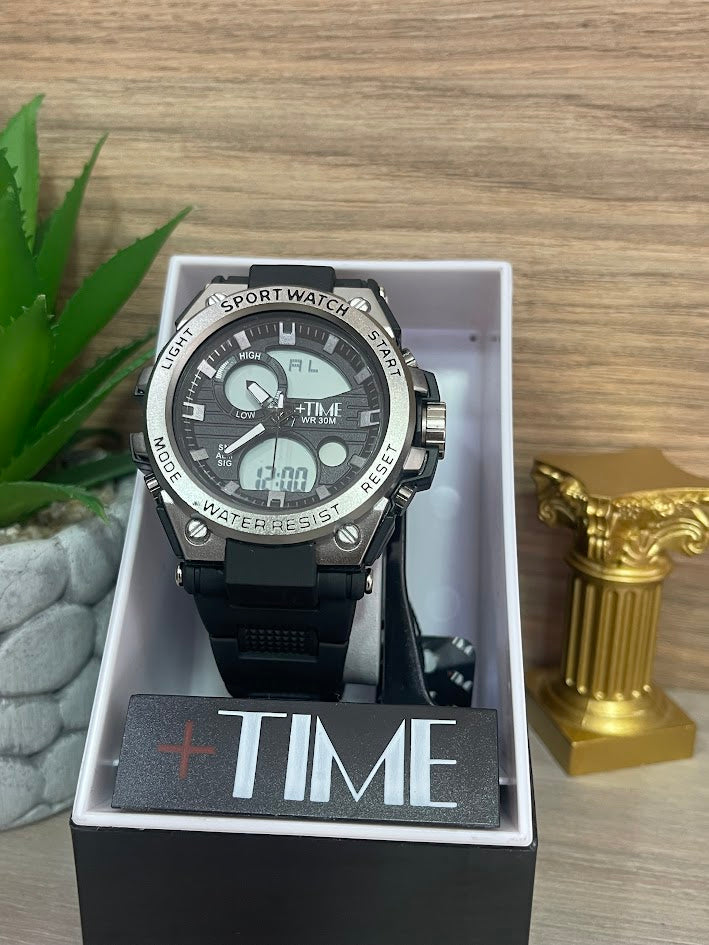 RELOJ DIGITAL TIME NEGRO Y PLATEADO