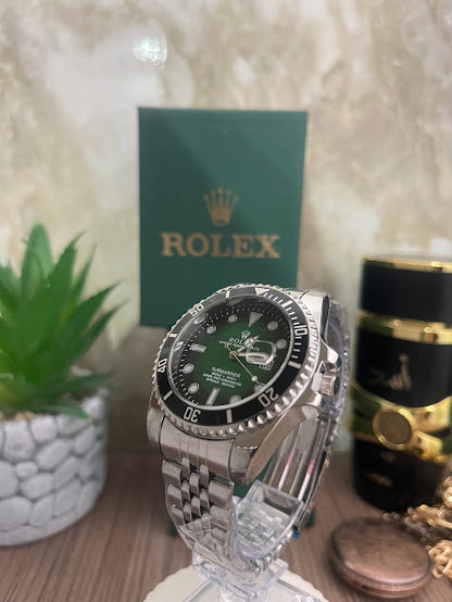 ROLEX PLATEADO ESFERA VERDE ARO NEGRO INCLUYE CAJA