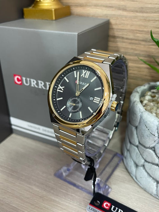 RELOJ CURREN CABALLERO BICOLOR ESFERA NEGRA ARO DORADO