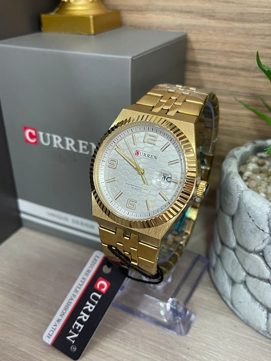 RELOJ CURREN CABALLERO DORADO ESFERA BLANCA ELEGANTE