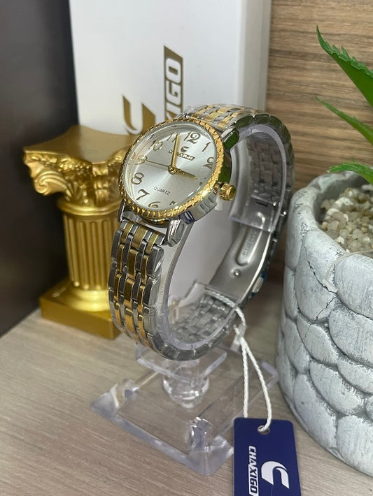 RELOJ CHAXIGO DAMA BICOLOR FONDO PLATEADO ARO DORADO
