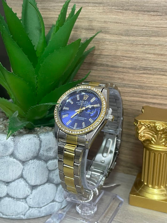 RELOJ ROLEX DAMA BICOLOR FONDO AZUL DETALLES EN PIEDRA CON CALENDARIO