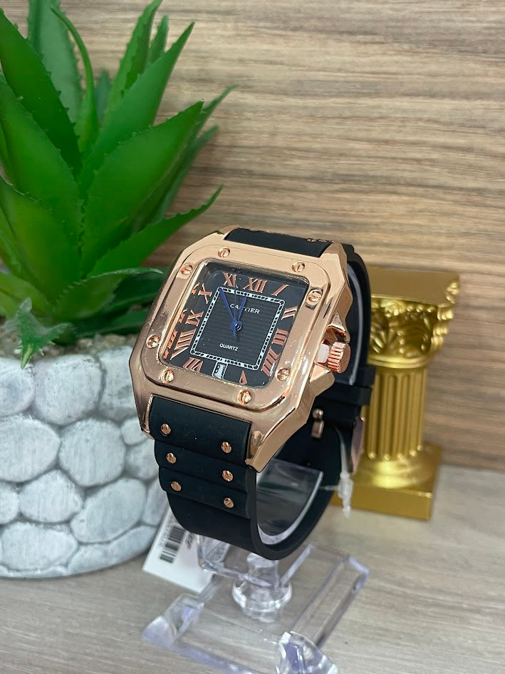 RELOJ CARTIER CABALLERO ORO ROSA MANILLA DE CUERO NEGRA CON CALENDARIO