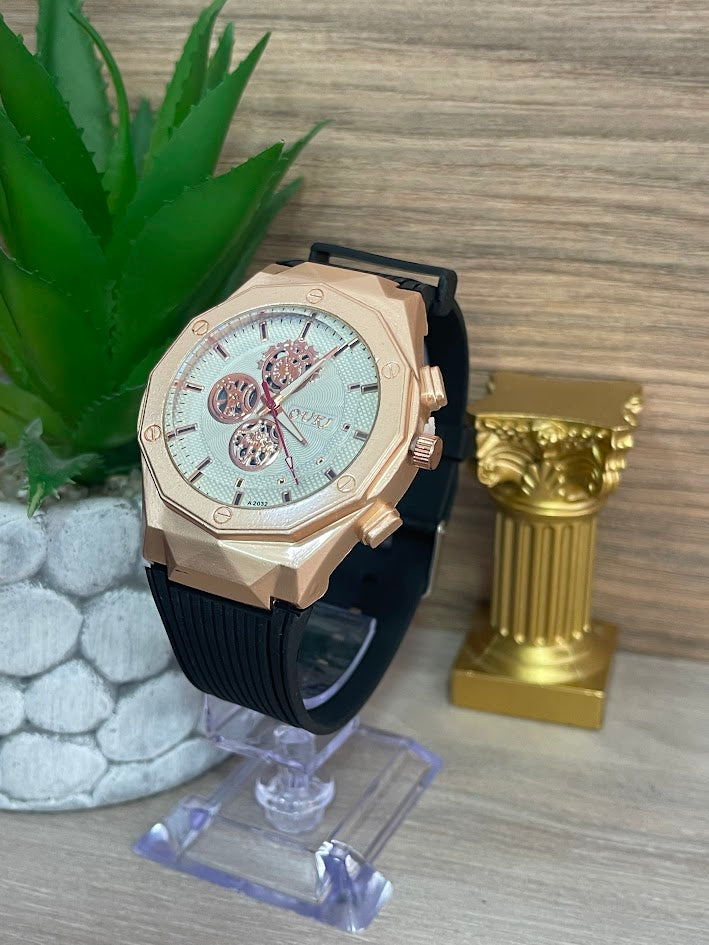RELOJ OUKI CABALLERO ORO ROSA MANILLA DE SILICONA NEGRA