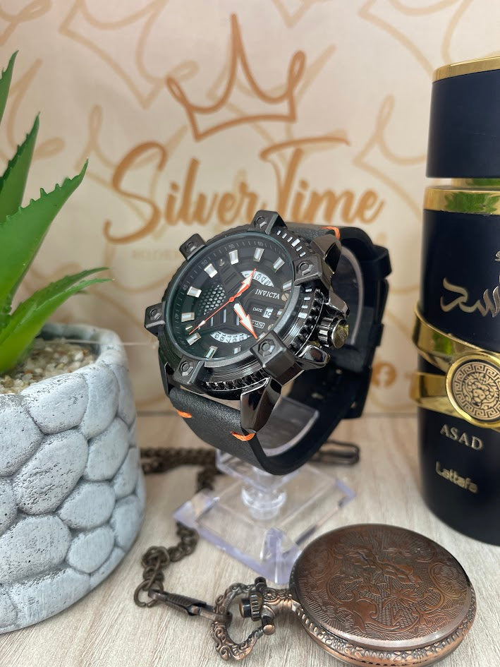 RELOJ INVICTA CABALLERO MANILLA DE CUERO NEGRO CON DETALLES NARANJADOS