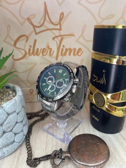 RELOJ CABALLERO CARRERA PLATEADO FONDO VERDE