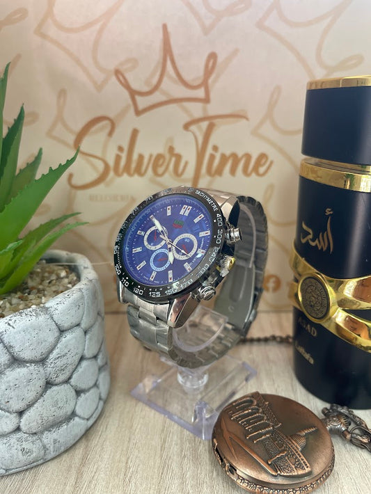 RELOJ CABALLERO CARRERA PLATEADO ESFERA AZUL